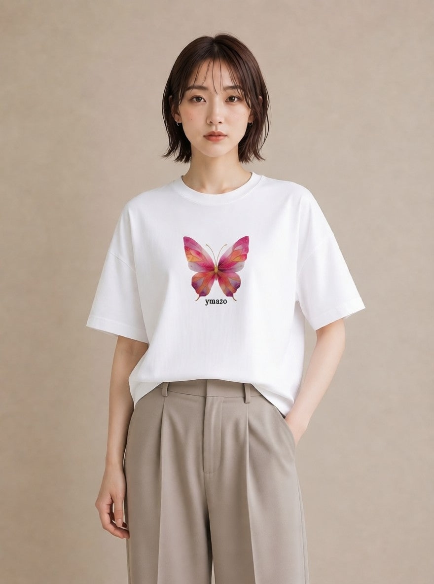 デザインTシャツ レディース ちょうちょ 蝶 バタフライ 昆虫 虫 イラスト 北欧風 お出かけ 普段着 白T YMAZO