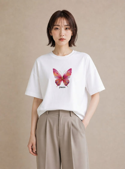 デザインTシャツ レディース ちょうちょ 蝶 バタフライ 昆虫 虫 イラスト 北欧風 お出かけ 普段着 白T YMAZO