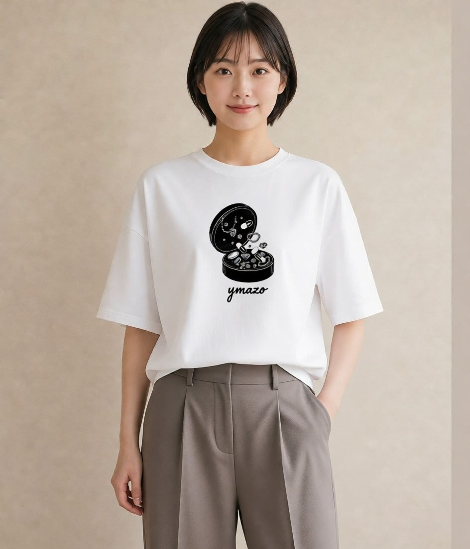 プリントTシャツ レディース パールピアス アクセサリー ナチュラル アンティーク イラスト ゆるかわ ママ カフェ服 白T YMAZO