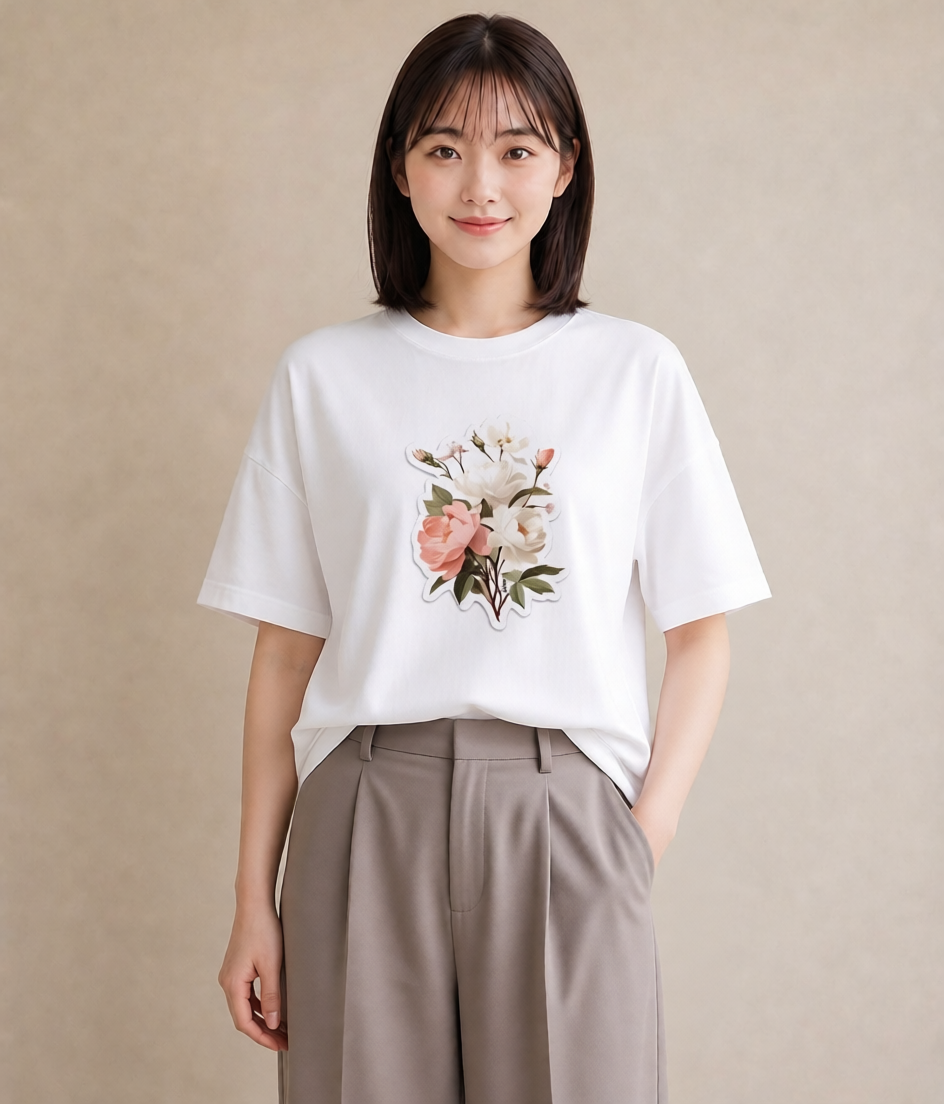 半袖Tシャツ レディース 牡丹 花 花柄 イラスト アート風 ミセス 春コーデ 白T