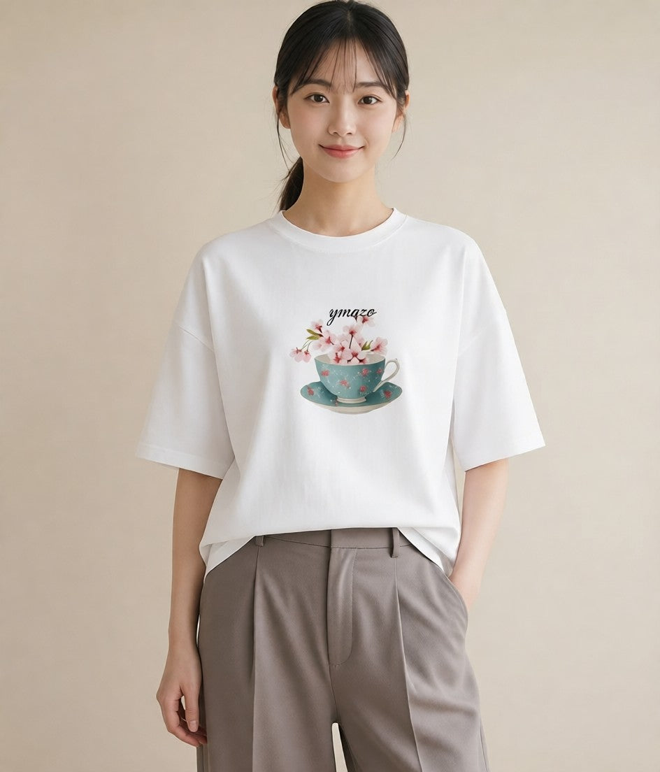 プリントTシャツ レディース ハーブティー 食べ物 フード イラスト レトロ ギフト 母の日 白T YMAZO