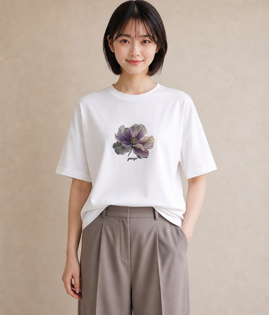 グラフィックTシャツ レディース あさがお 朝顔 花 花柄 イラスト きれいめカジュアル カフェ服 クリスマス 白T YMAZO