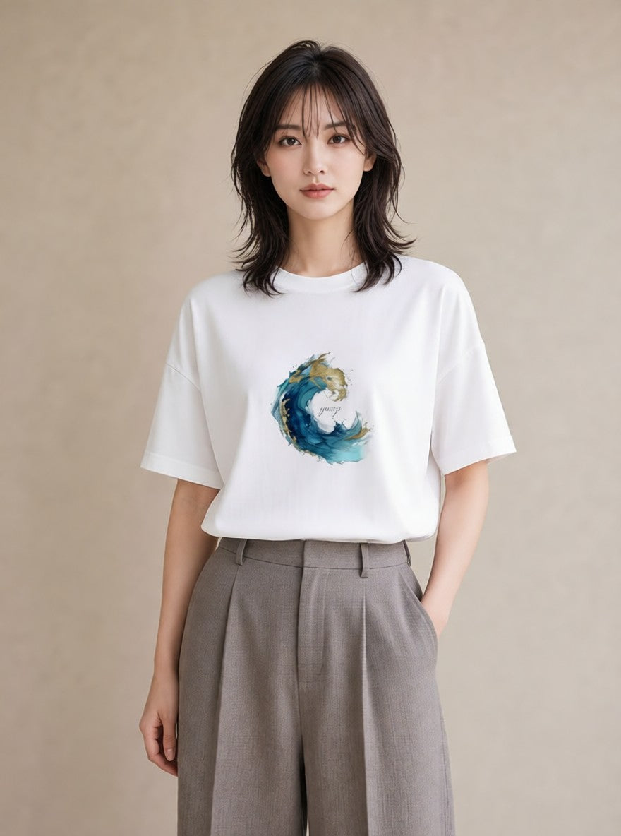 プリントTシャツ レディース 波 星空 宇宙 イラスト こなれ感 通勤 在宅 白T YMAZO