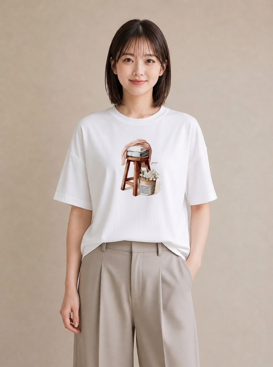 グラフィックTシャツ レディース 洗濯物 風 ナチュラル アンティーク イラスト ボタニカル ルームウェア ギフト 白T YMAZO