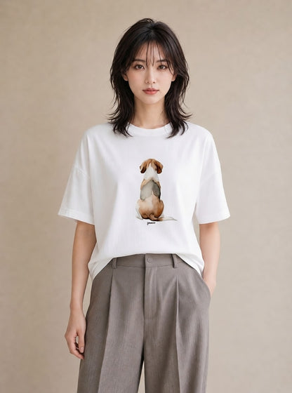Tシャツ レディース ビーグル 犬 いぬ イラスト きれいめカジュアル ミセス 春コーデ 白T YMAZO