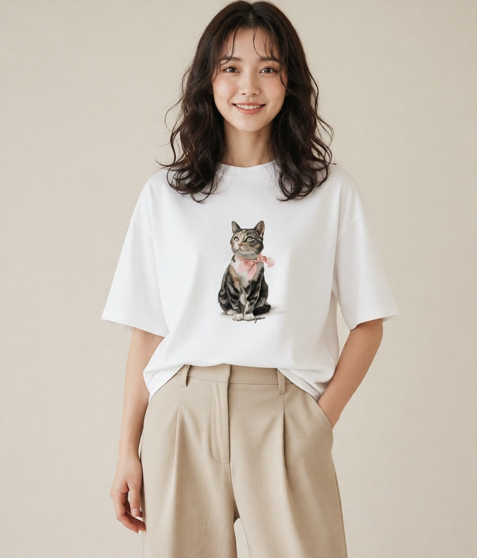 半袖Tシャツ レディース 猫 ねこ イラスト アート風 部屋着 女性向けギフト 白T YMAZO