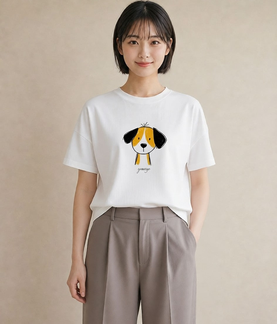 半袖Tシャツ レディース わんこ 犬 いぬ イラスト カジュアル 通勤 在宅 白T YMAZO