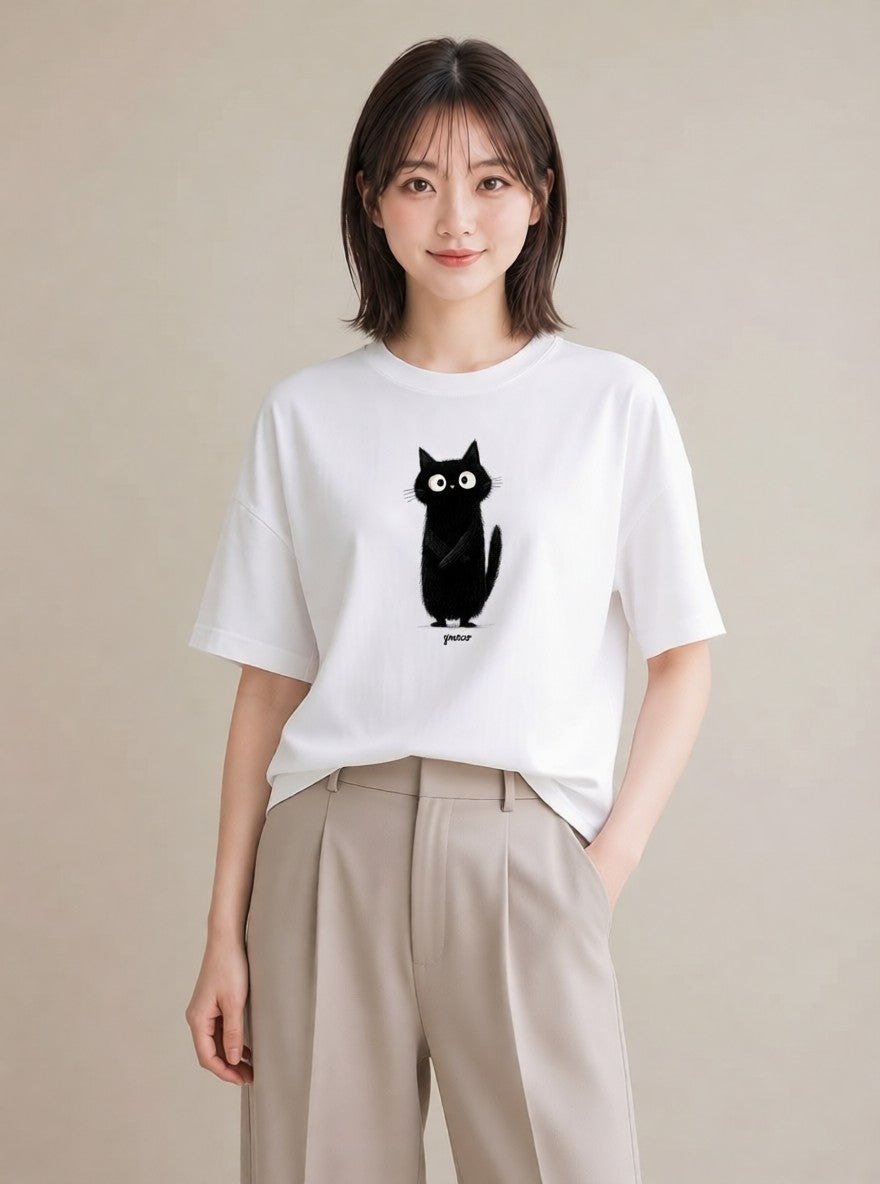 デザインTシャツ レディース 黒猫 猫 ねこ イラスト ゆるかわ 海 カフェ巡り 白T YMAZO