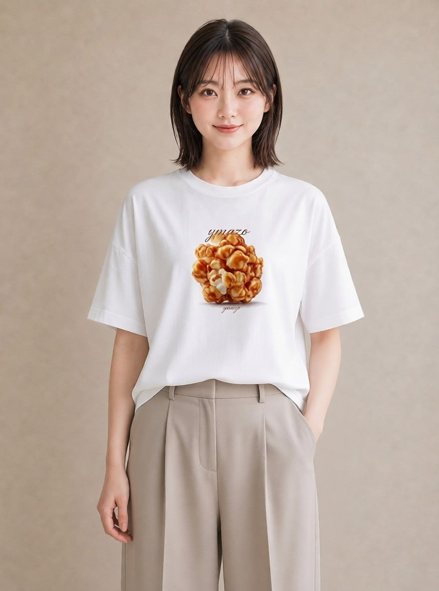 デザインTシャツ レディース ポップコーン 食べ物 フード イラスト きれいめカジュアル 在宅 公園 白T YMAZO