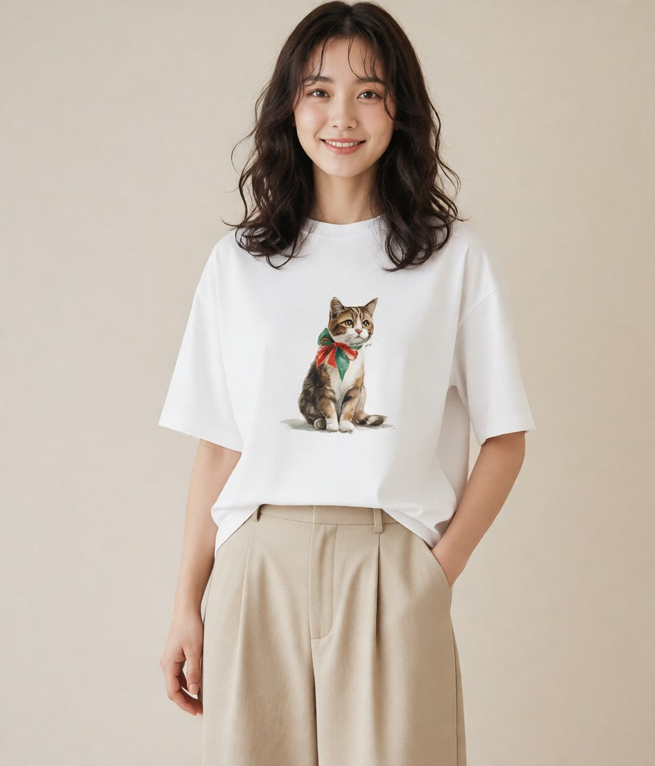 Tシャツ レディース スコティッシュフォールド 猫 ねこ イラスト ミニマル カフェ服 クリスマス 白T YMAZO