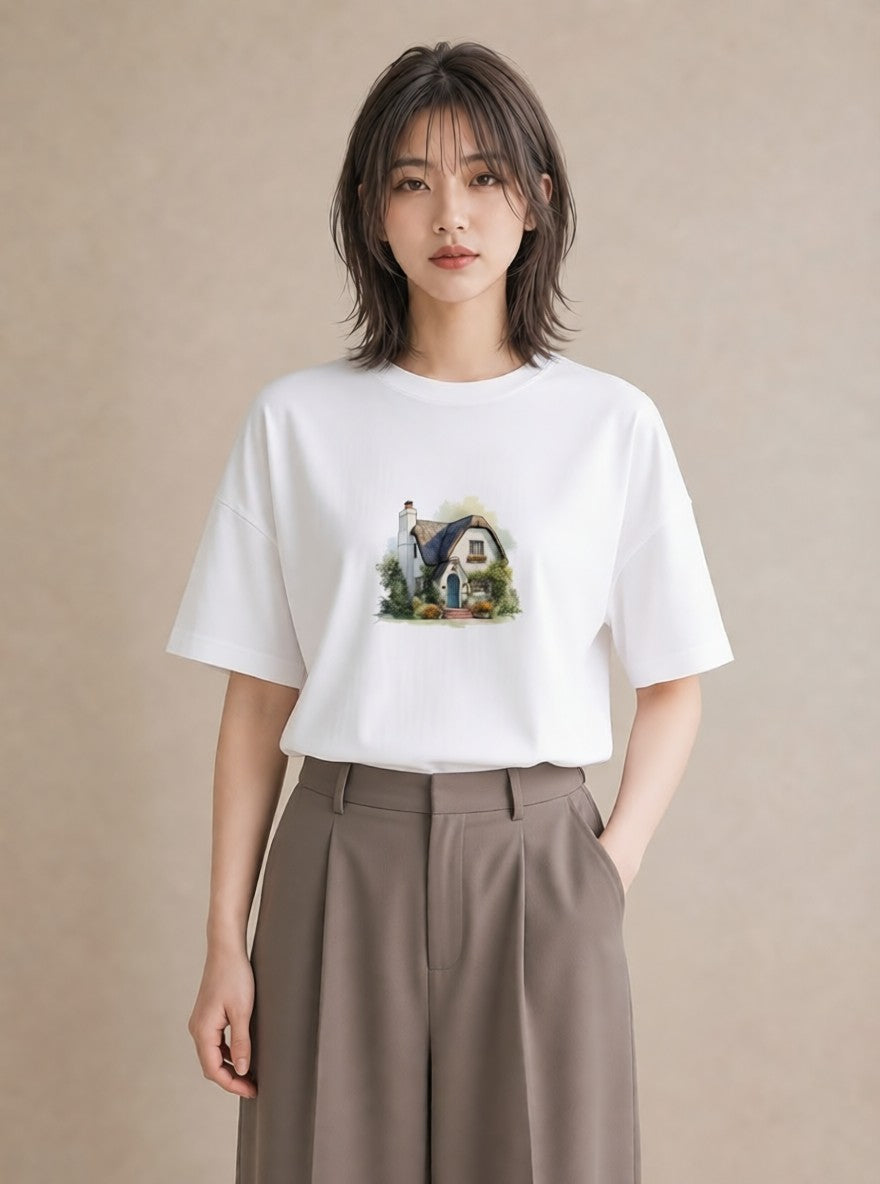 プリントTシャツ レディース 湖畔の小屋 湖 小屋 ナチュラル アンティーク イラスト ヴィンテージ風 秋コーデ おしゃれギフト 白T YMAZO