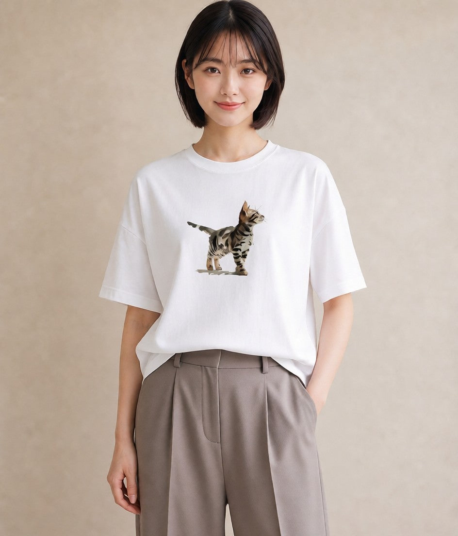 Tシャツ レディース 子猫 猫 ねこ イラスト ボタニカル 買い物 夏コーデ 白T YMAZO