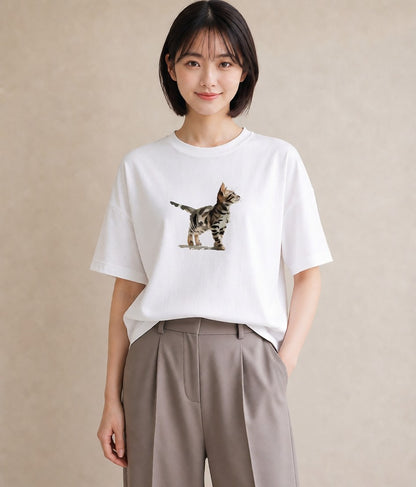 Tシャツ レディース 子猫 猫 ねこ イラスト ボタニカル 買い物 夏コーデ 白T YMAZO