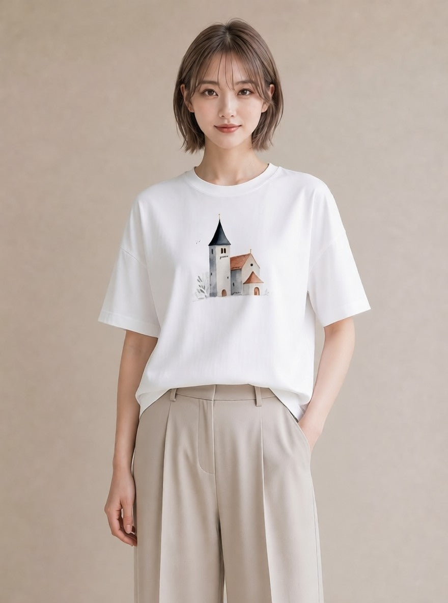 Tシャツ レディース 遠い家と鳥 風景 鳥 ナチュラル アンティーク イラスト ヴィンテージ風 公園 ママ 白T YMAZO