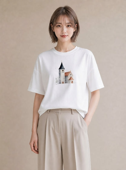Tシャツ レディース 遠い家と鳥 風景 鳥 ナチュラル アンティーク イラスト ヴィンテージ風 公園 ママ 白T YMAZO