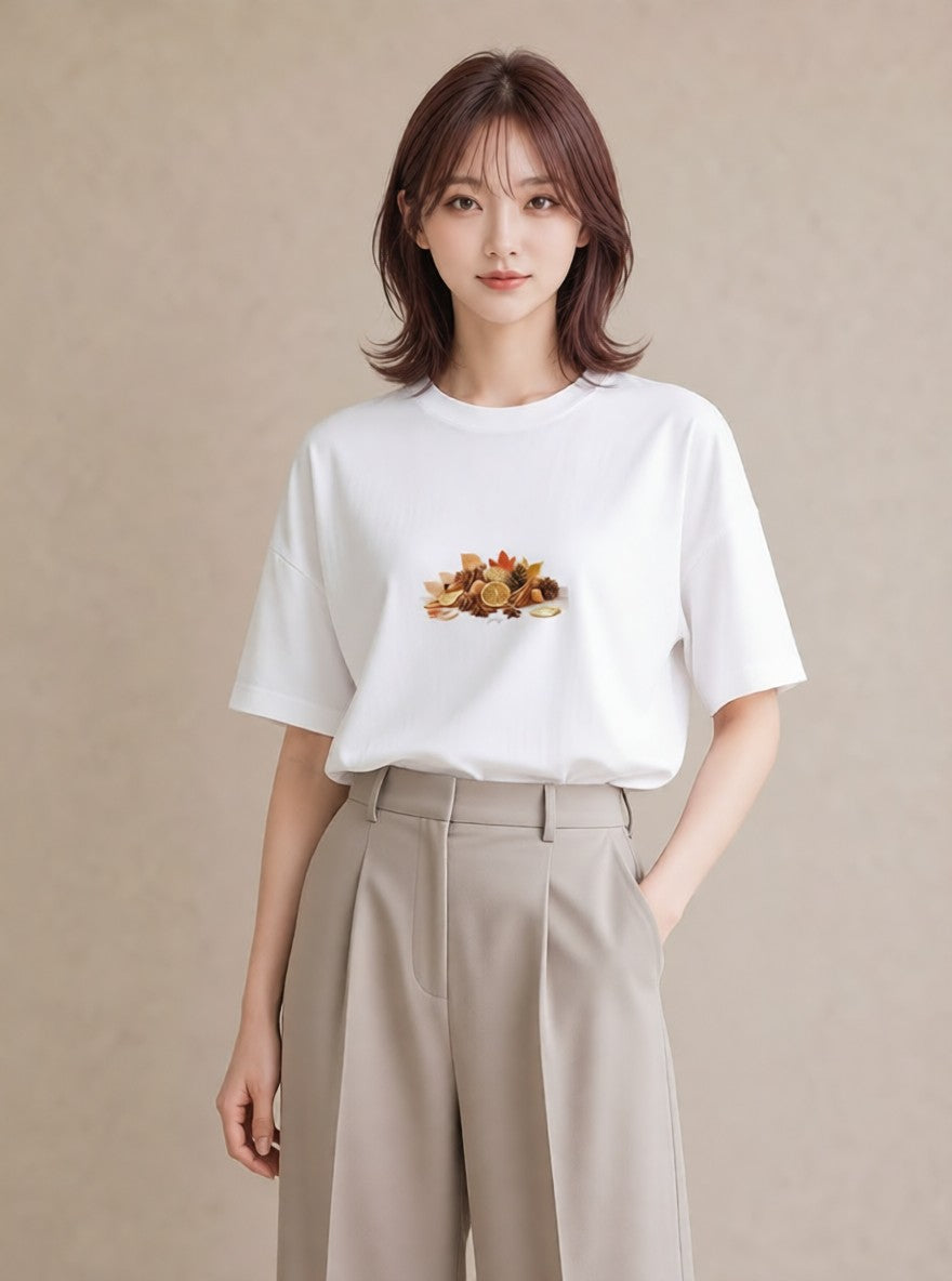 プリントTシャツ レディース 実り 植物 ボタニカル イラスト ヴィンテージ風 ルームウェア ギフト 白T YMAZO