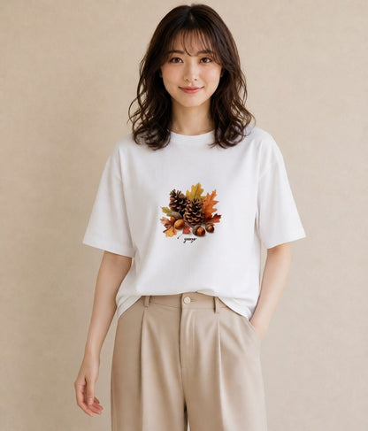 グラフィックTシャツ レディース 松ぼっくり 植物 ボタニカル イラスト ラフ 秋コーデ おしゃれギフト 白T YMAZO