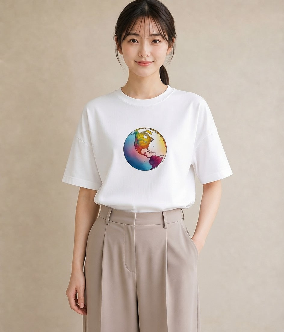 デザインTシャツ レディース 地球 星空 宇宙 イラスト ミニマル 女子会 お揃い 白T YMAZO