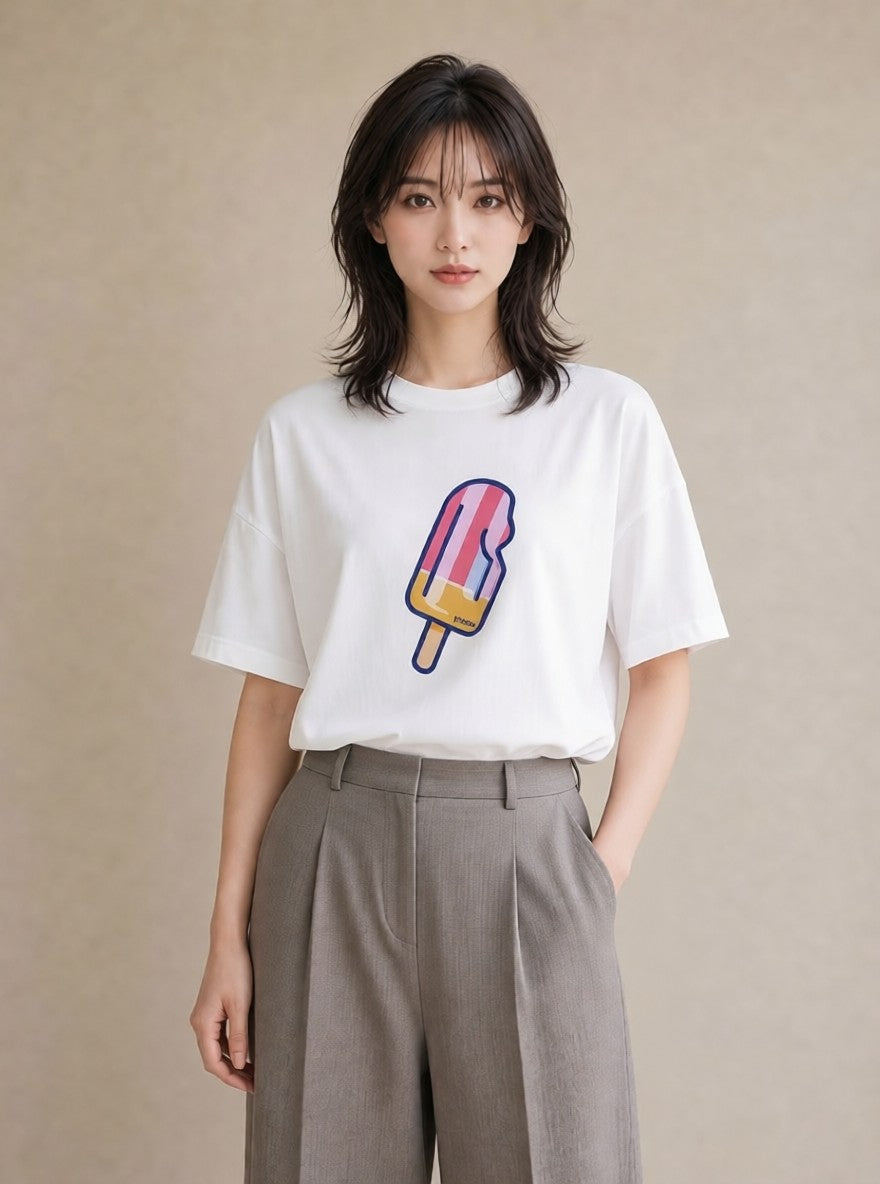 プリントTシャツ レディース アイス 食べ物 フード イラスト きれいめ ギフト 母の日 白T YMAZO