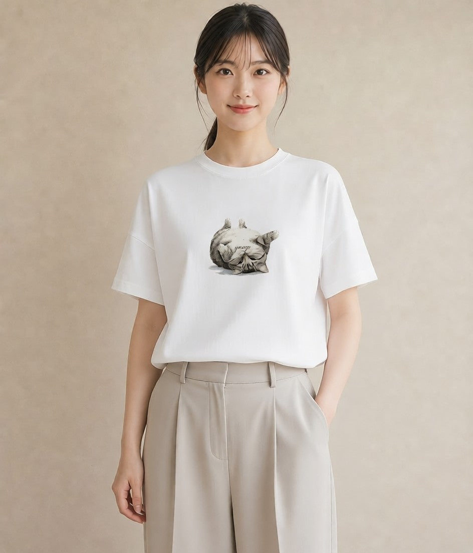 グラフィックTシャツ レディース しっぽ 猫 ねこ イラスト レトロ 送別ギフト 通勤 白T YMAZO