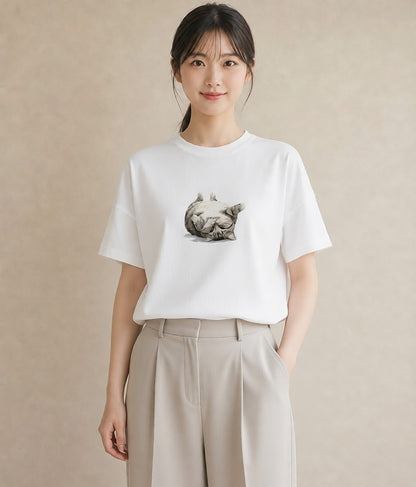 グラフィックTシャツ レディース しっぽ 猫 ねこ イラスト レトロ 送別ギフト 通勤 白T YMAZO
