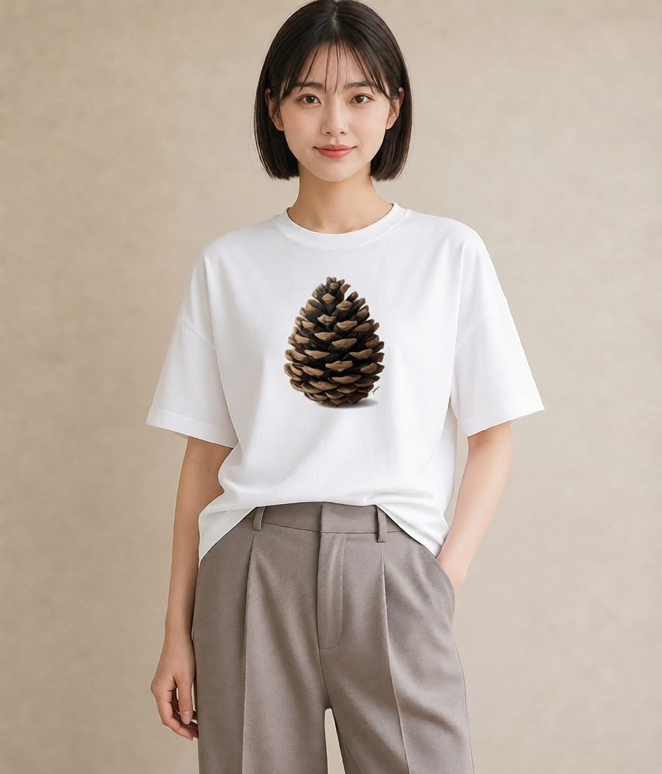 半袖Tシャツ レディース 松ぼっくり 植物 ボタニカル イラスト フェミニン ママ カフェ服 白T YMAZO