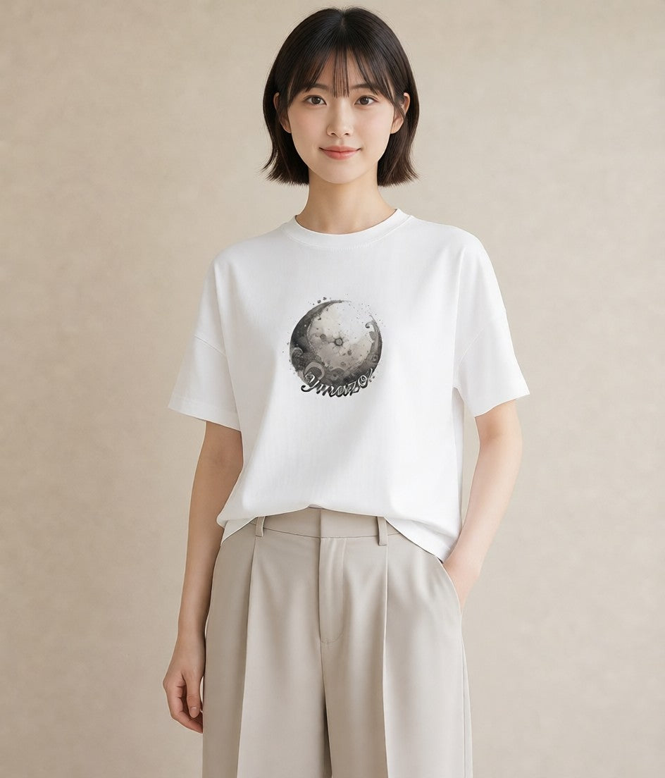 プリントTシャツ レディース 満月 星空 宇宙 イラスト 水彩風 夏コーデ 通学 白T YMAZO