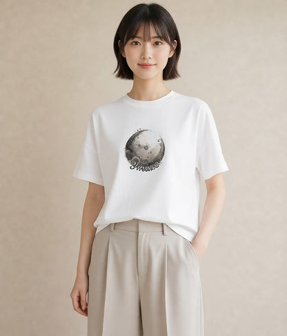 プリントTシャツ レディース 満月 星空 宇宙 イラスト 水彩風 夏コーデ 通学 白T YMAZO