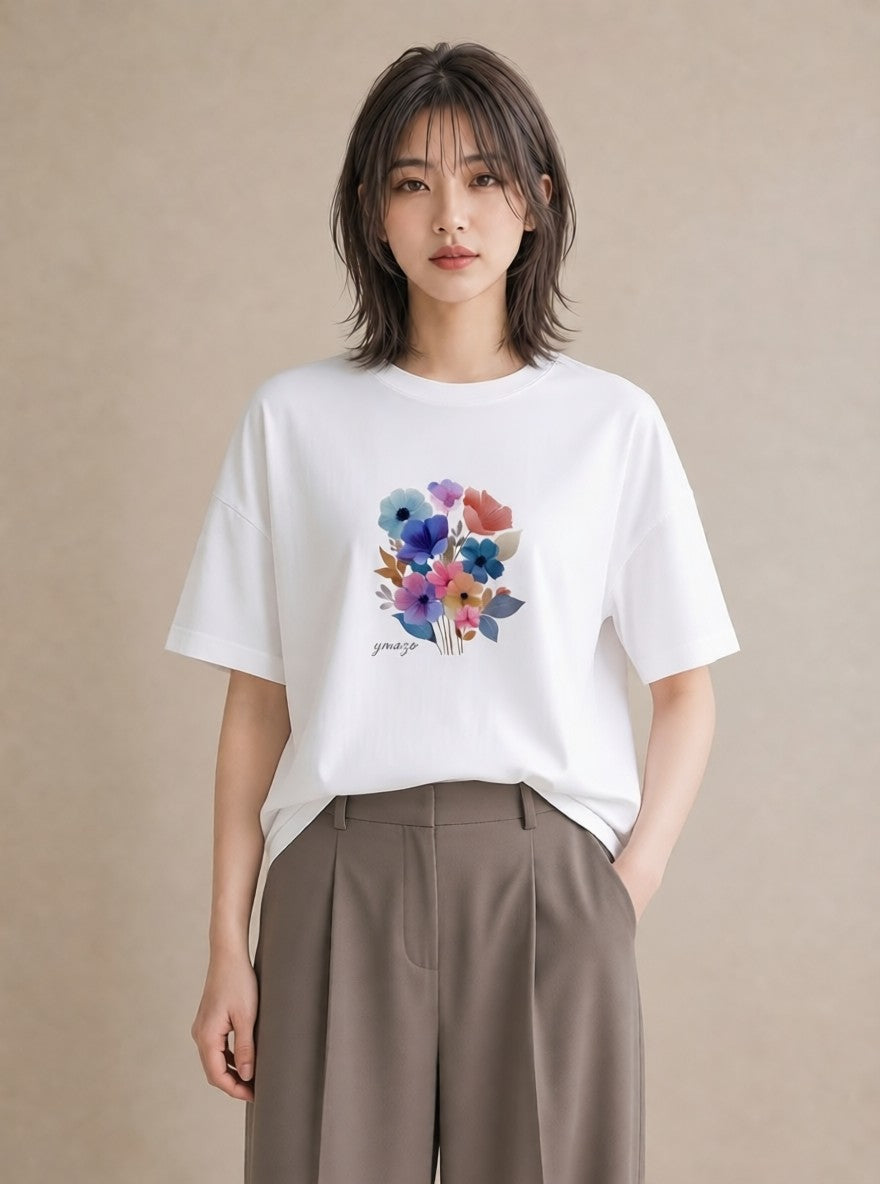Tシャツ レディース パンジー 花 花柄 イラスト ユニーク クリスマス 旅行 白T YMAZO
