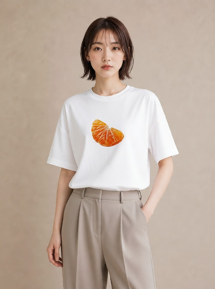 Tシャツ レディース みかん 食べ物 フード イラスト ゆるコーデ ママ カフェ服 白T YMAZO