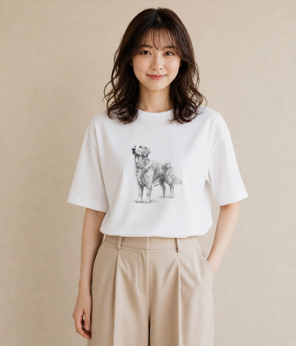 プリントTシャツ レディース ゴールデンレトリバー ゴールデン 犬 いぬ イラスト 淡色 旅行用 海 白T YMAZO