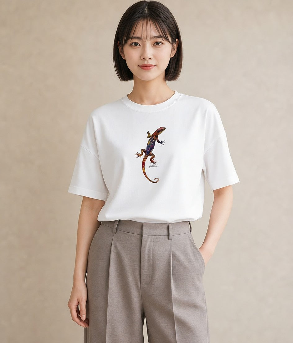 Tシャツ レディース ヤモリ ペット 動物 イラスト ヴィンテージ風 通勤 在宅 白T YMAZO