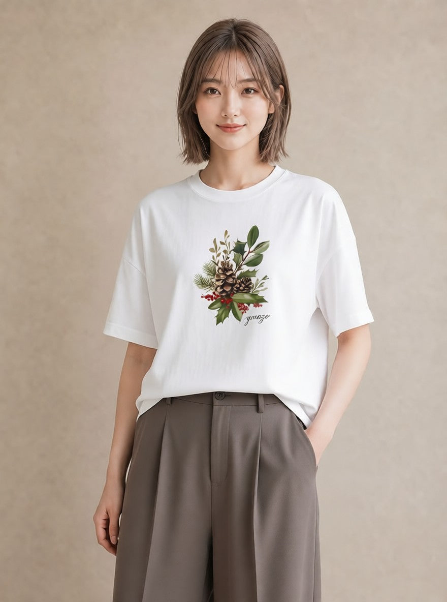 デザインTシャツ レディース 松ぼっくり 植物 ボタニカル イラスト レイヤード 友達ギフト 白T YMAZO