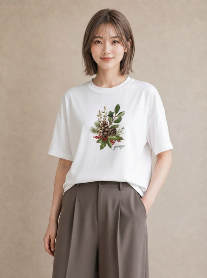 デザインTシャツ レディース 松ぼっくり 植物 ボタニカル イラスト レイヤード 友達ギフト 白T YMAZO