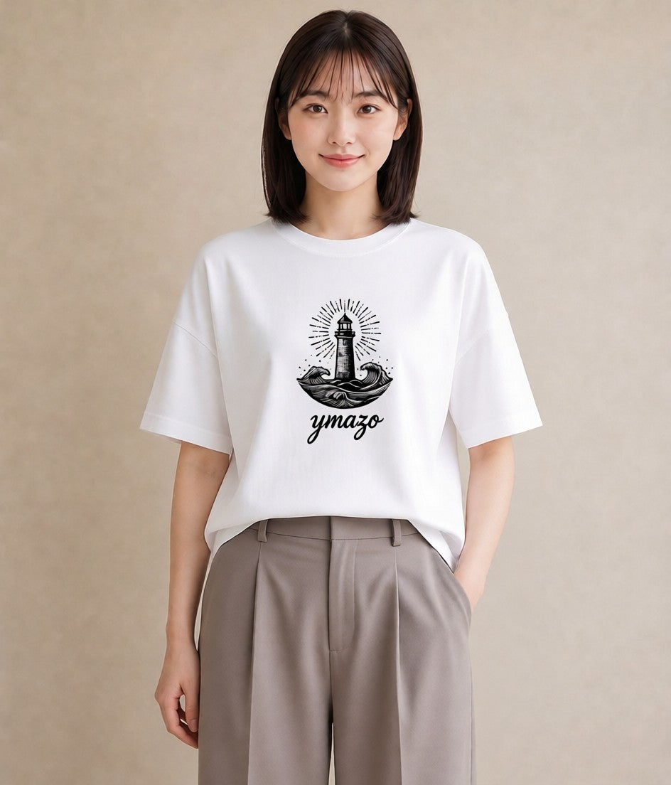 プリントTシャツ レディース 灯台 霧 海 ナチュラル アンティーク イラスト 個性的 カフェ巡り 女子会 白T YMAZO
