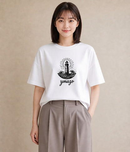 プリントTシャツ レディース 灯台 霧 海 ナチュラル アンティーク イラスト 個性的 カフェ巡り 女子会 白T YMAZO