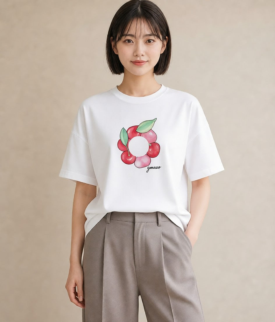 グラフィックTシャツ レディース さくらんぼ チェリー 食べ物 フード イラスト 抜け感 公園 ママ 白T YMAZO