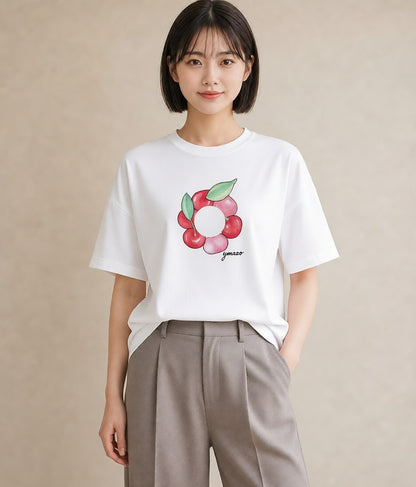 グラフィックTシャツ レディース さくらんぼ チェリー 食べ物 フード イラスト 抜け感 公園 ママ 白T YMAZO