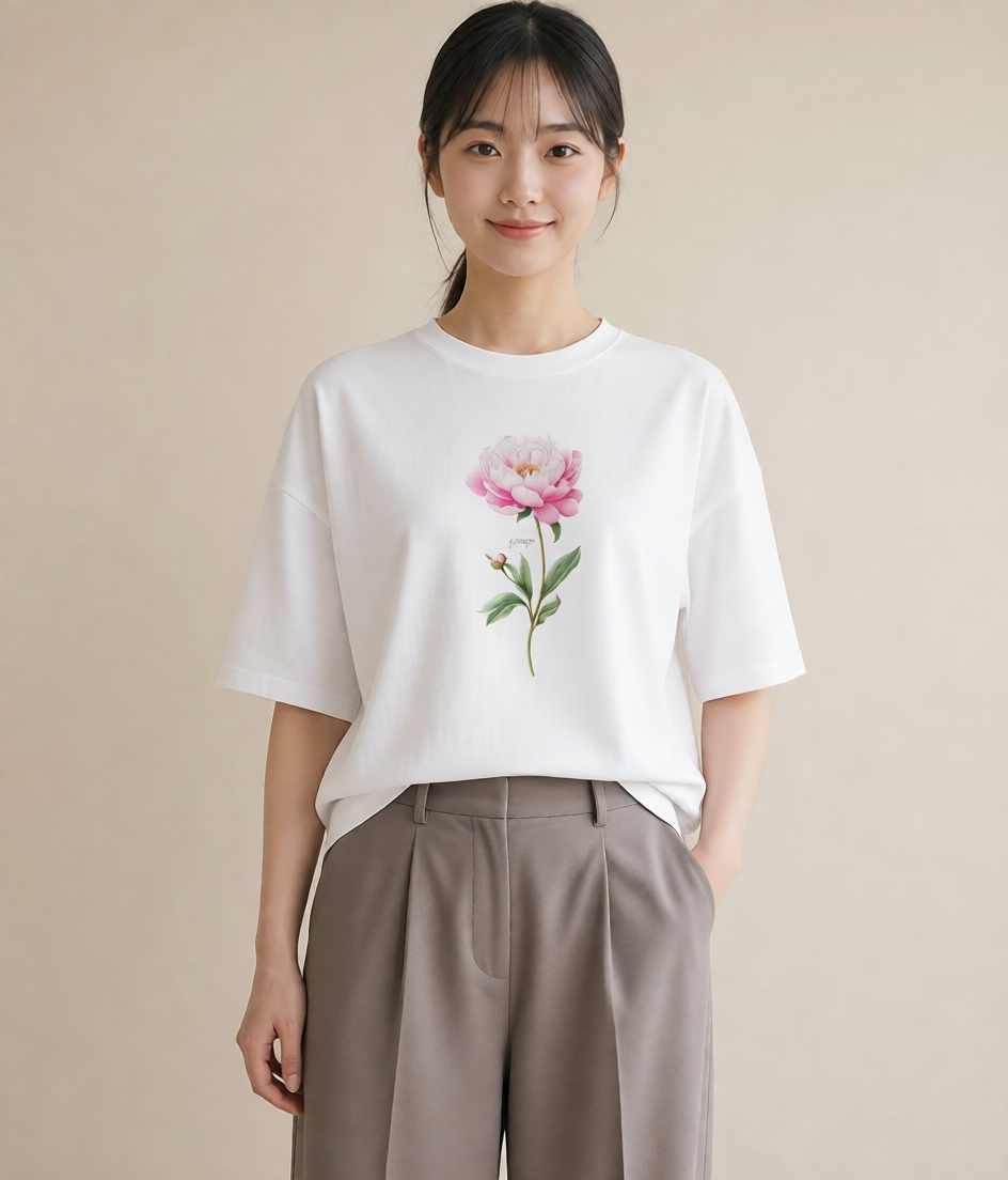 Tシャツ レディース 牡丹 花 花柄 イラスト ヴィンテージ風 母娘コーデ 自分用 白T