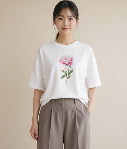 Tシャツ レディース 牡丹 花 花柄 イラスト ヴィンテージ風 母娘コーデ 自分用 白T