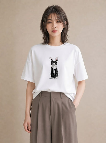 半袖Tシャツ レディース 靴下猫 猫 ねこ イラスト ポップ 旅行 母娘コーデ 白T YMAZO