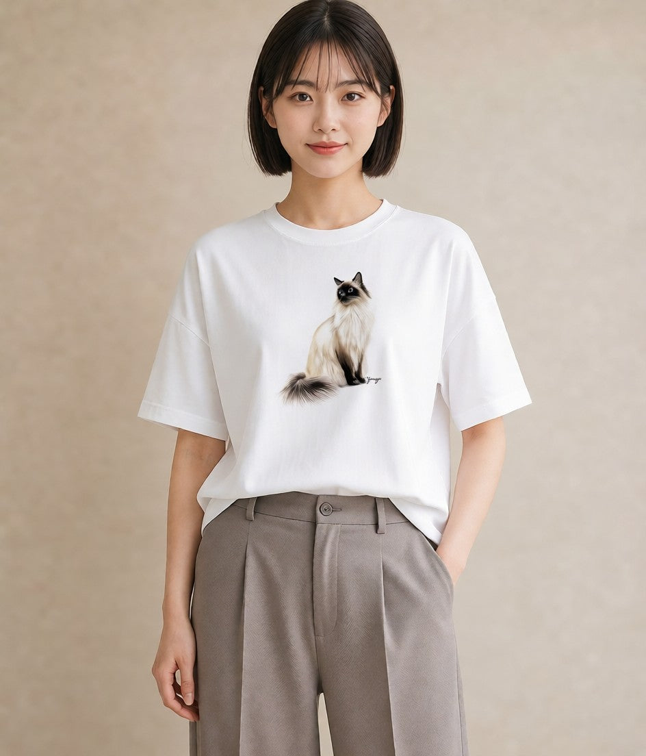 デザインTシャツ レディース ぶち猫 猫 ねこ イラスト ニュアンス カフェ服 クリスマス 白T YMAZO
