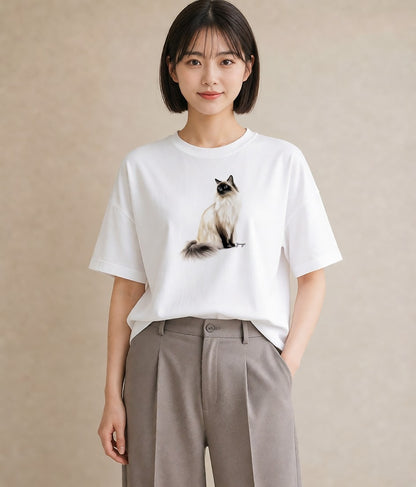 デザインTシャツ レディース ぶち猫 猫 ねこ イラスト ニュアンス カフェ服 クリスマス 白T YMAZO