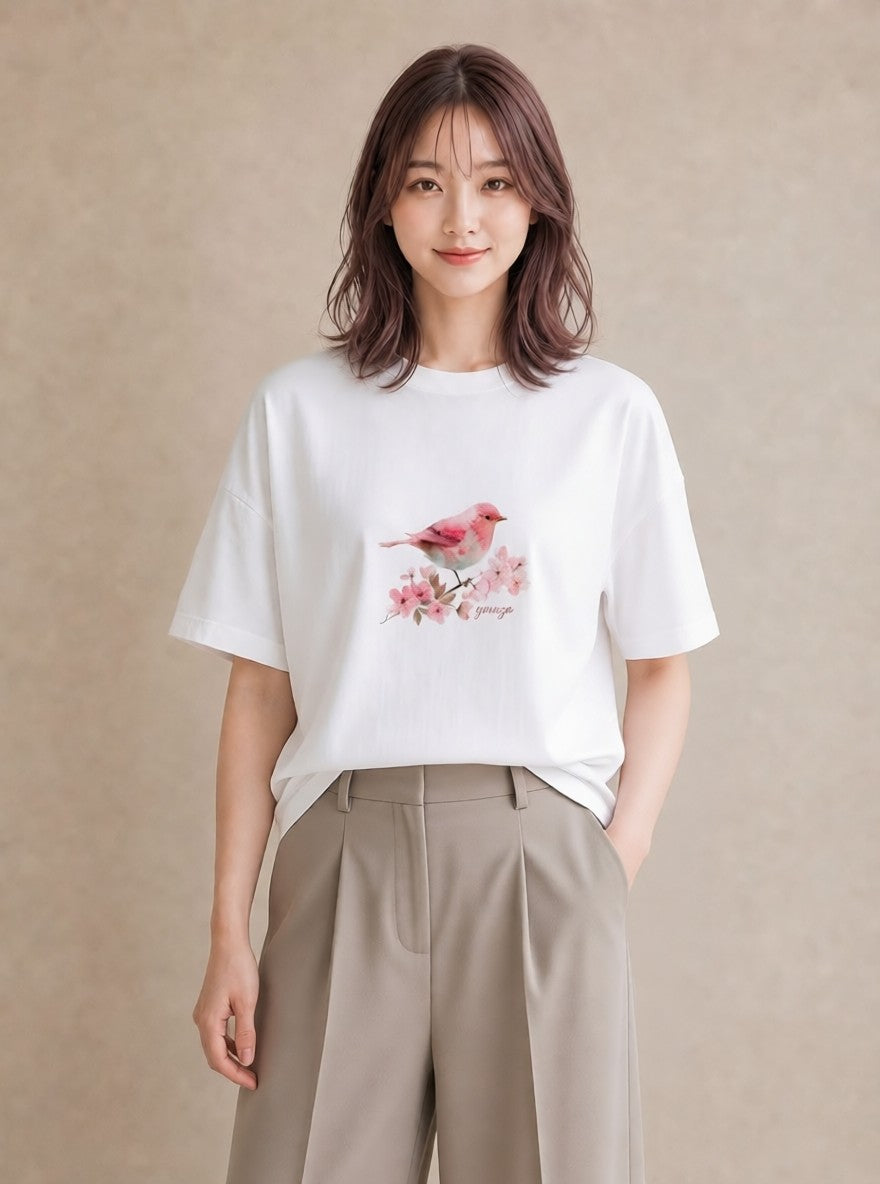 半袖Tシャツ レディース 小鳥 ペット 動物 イラスト 可愛い カジュアルコーデ 買い物 白T YMAZO