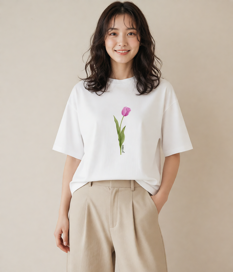 半袖Tシャツ レディース チューリップ 花 花柄 イラスト 線画 買い物 夏コーデ 白T