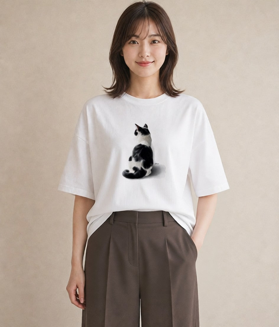 グラフィックTシャツ レディース 三毛猫 みけねこ 三毛 猫 ねこ イラスト アート風 海 カフェ巡り 白T YMAZO