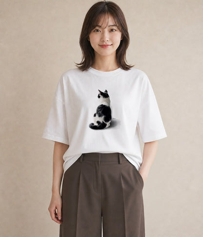 グラフィックTシャツ レディース 三毛猫 みけねこ 三毛 猫 ねこ イラスト アート風 海 カフェ巡り 白T YMAZO