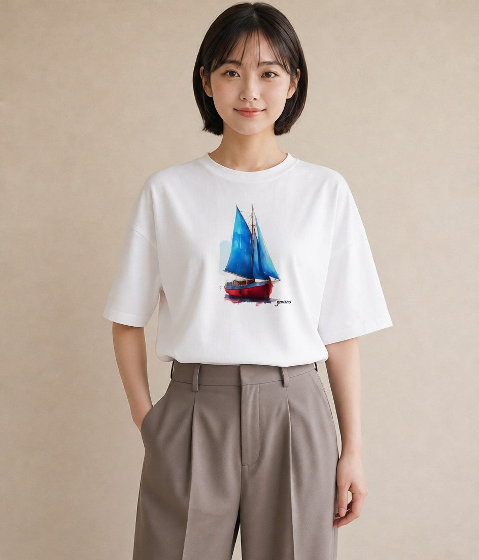 半袖Tシャツ レディース 紙の船 水辺 ナチュラル アンティーク イラスト 手描き風 姉妹 送別ギフト 白T YMAZO