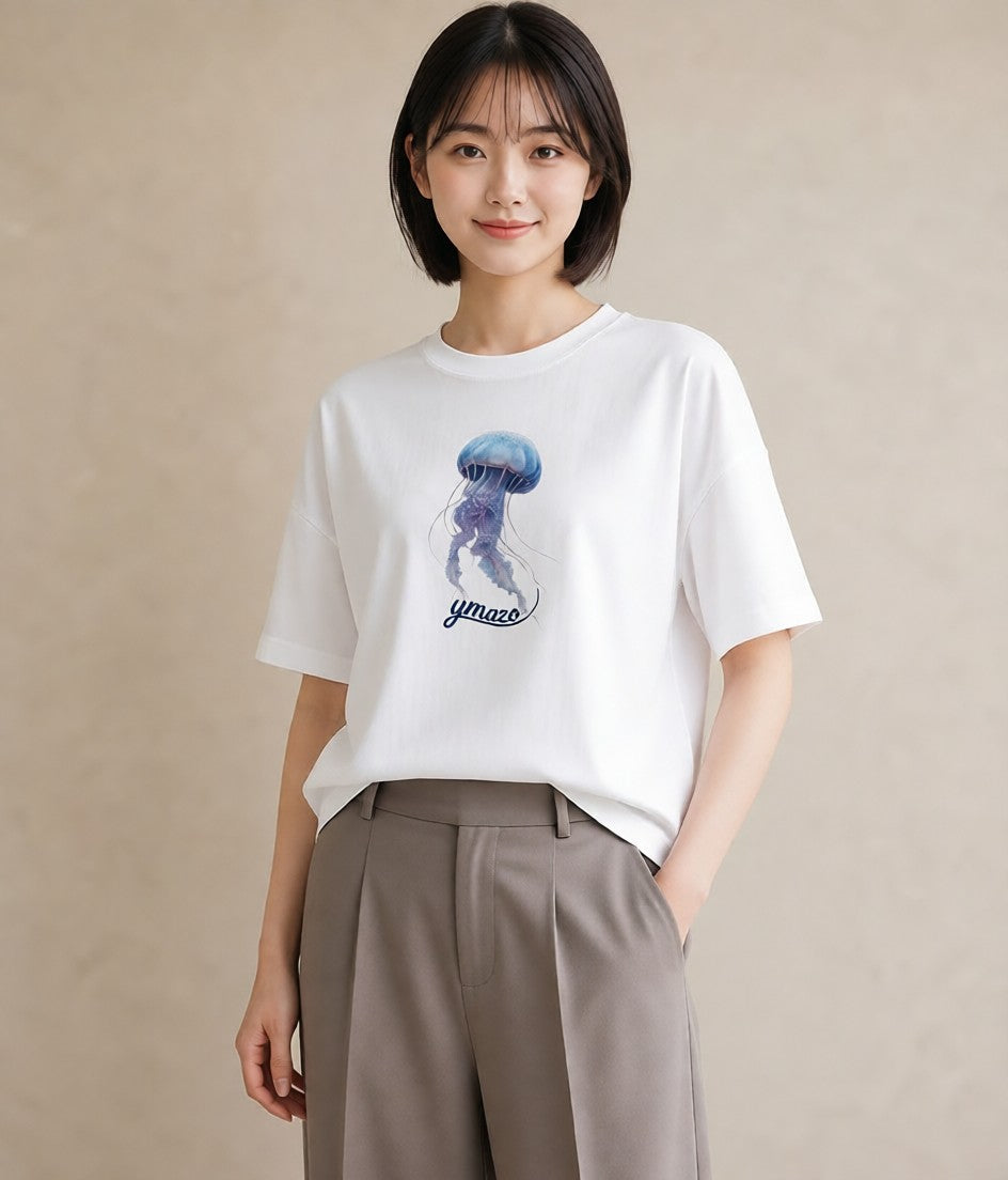 Tシャツ レディース くらげ クラゲ 海の生き物 海 イラスト 北欧風 通勤 在宅 白T YMAZO
