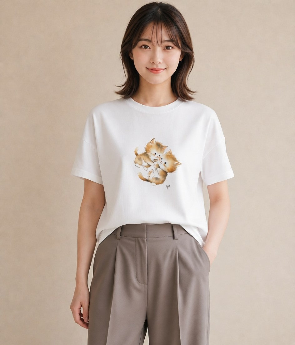 デザインTシャツ レディース 肉球 猫 ねこ イラスト きれいめカジュアル ビーチ デイリーウェア 白T YMAZO